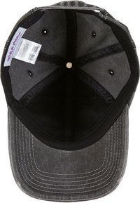 Pilkas audinys kepurė su juodu apvadu, struktūrizuota skrybėlės dalis, matomos siūlės ir vidinės etiketės. Kepurės forma atitinka tradicinį dizainą.