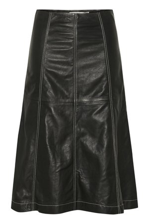 Black leather A-line skirt with visible stitching details. Made from smooth material, featuring a mid-length cut and panel design.