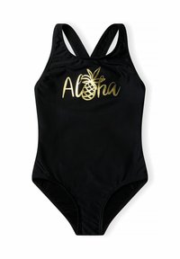 Svart baddräkt med racerback-design. Har guldtexten "Aloha" och en ananasgrafik. Slät tygkvalitet, åtsittande form och inga ytterligare detaljer.