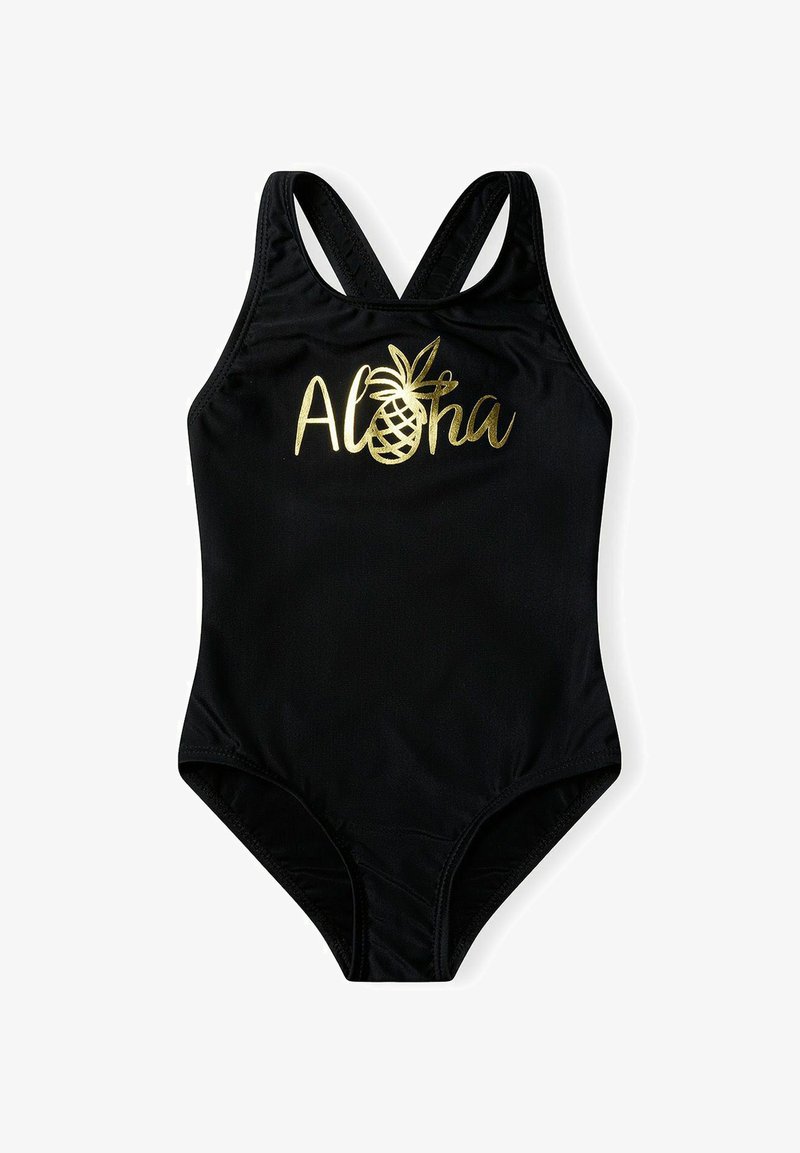 Maillot de bain noir avec un design dos nageur. Présente un texte doré "Aloha" et un graphisme d'ananas. Tissu lisse, coupe ajustée et sans accents supplémentaires.