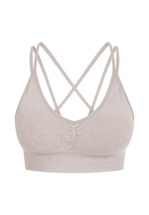 Bralette de color beige claro con una textura suave, que presenta tirantes entrecruzados en la parte posterior y una banda inferior acanalada cómoda.