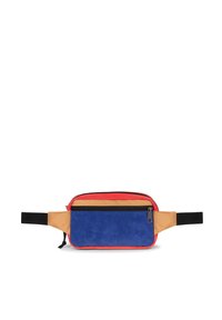 Marsupio multicolore con parte superiore rossa, sezioni in corduroy beige e blu, dettagli neri e una tasca con zip frontale.