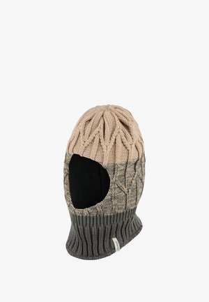 Knitted balaclava hat in beige and gray, featuring a cable knit pattern, ribbed hem, and an open face area. Soft texture and warm material.
