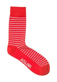Calzino rosso con sottili righe bianche orizzontali e logo "JACK & JONES" sulla parte del piede, esposto su uno sfondo bianco.