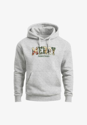 Grey hoodie featuring a "MERRY CHRISTMAS" graphic with colorful seasonal images. Includes a front pocket and drawstring hood.