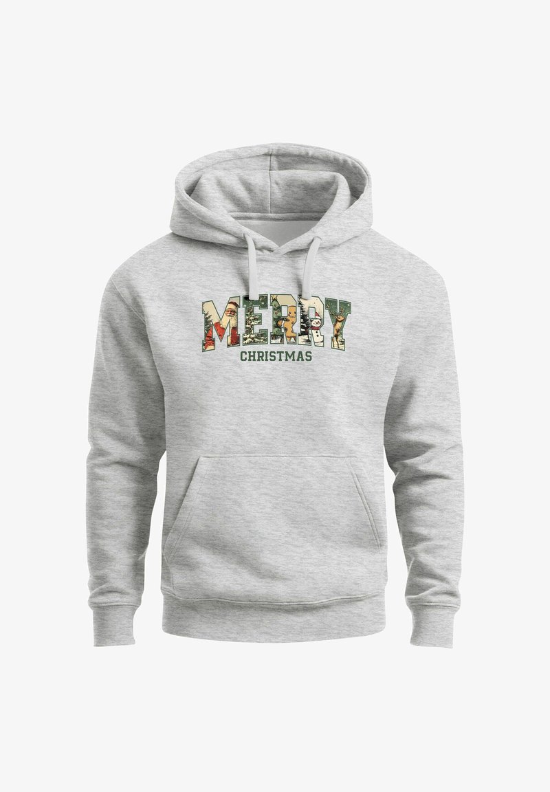 Grey hoodie featuring a "MERRY CHRISTMAS" graphic with colorful seasonal images. Includes a front pocket and drawstring hood.