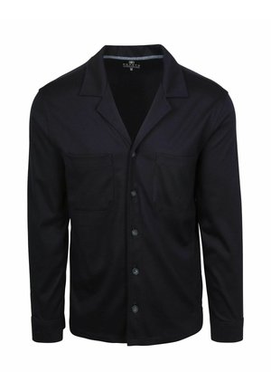 Zwarte blouse met lange mouwen en knoopsluiting, met twee borstzakken en een ingesneden kraag, maat medium.