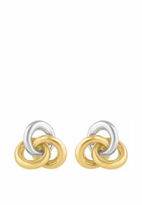 Kuldsetest ja hõbedast põimunud rõngakujulised kõrvarõngad. Siledapoolse, läikiva viimistlusega kihiline disain, millel on kolm omavahel kattuvat rõngast kontrastsetes värvides.