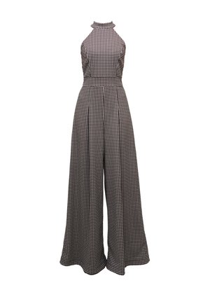 Black and white checkered jumpsuit with halter neck, fitted bodice, wide leg silhouette, and pleated details on the trousers.