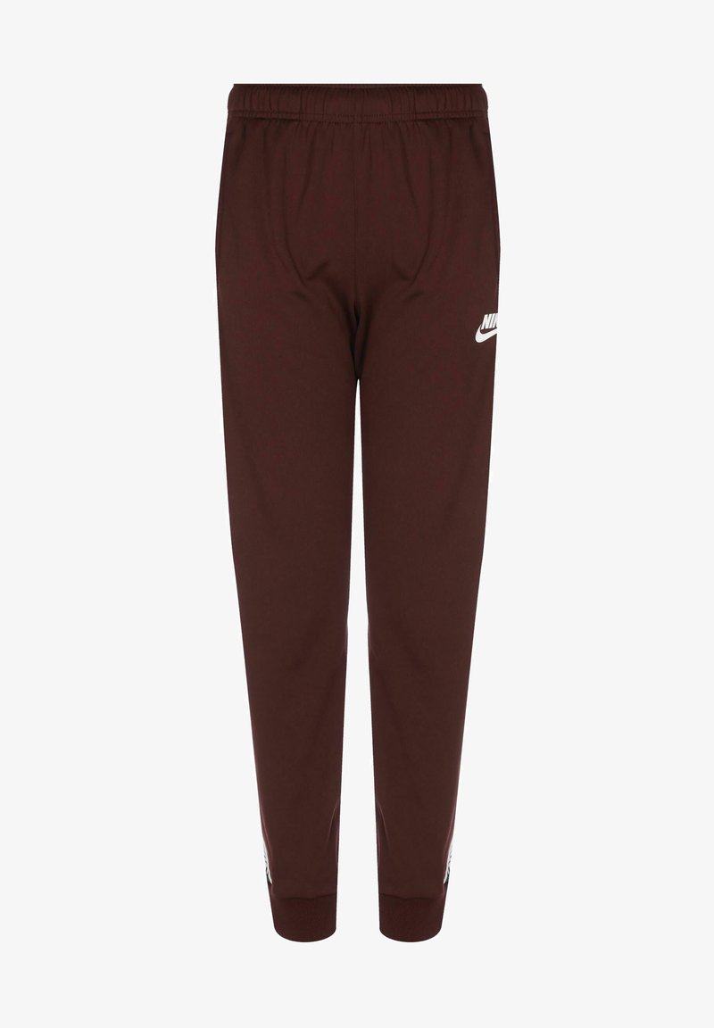Burgundyröda sweatpants med elastisk midja, manschetter vid anklarna och vitt Nike-logga på vänster lår. Tillverkade av mjukt, hållbart tyg.