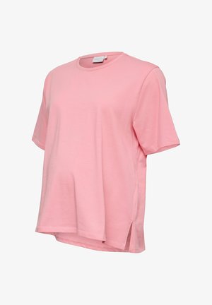 T-shirt ample à manches courtes rose avec col rond, fente latérale et ourlet légèrement arrondi.