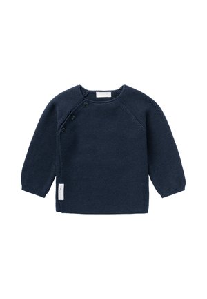 Mørkeblå strikket sweater med lange ærmer, struktureret ribbet stof, rund halsudskæring og tre dekorative knapper på den ene skulder.