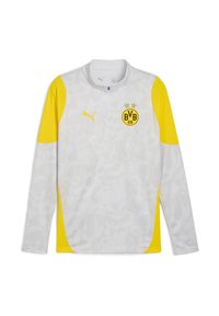Camiseta deportiva de manga larga en gris con acentos amarillos. Presenta un cuello con media cremallera, el logotipo de Puma y el emblema del club Borussia Dortmund. Tejido texturizado.