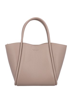 Taupefarbige Ledertasche mit strukturierter trapezförmiger Form und doppelten abgerundeten Griffen, texturierter Oberfläche und dezent geprägtem Markenlogo.