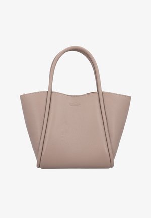 Taupefarbige Ledertasche mit strukturierter trapezförmiger Form und doppelten abgerundeten Griffen, texturierter Oberfläche und dezent geprägtem Markenlogo.