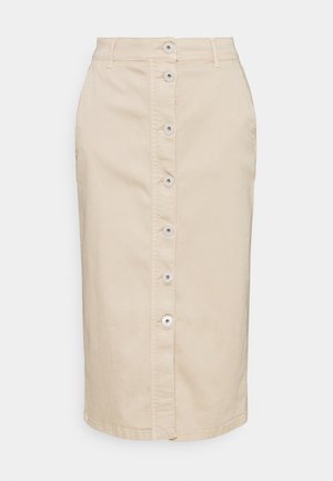 Gonna beige al ginocchio con chiusura frontale a bottoni e passanti per cintura, realizzata in tessuto resistente.