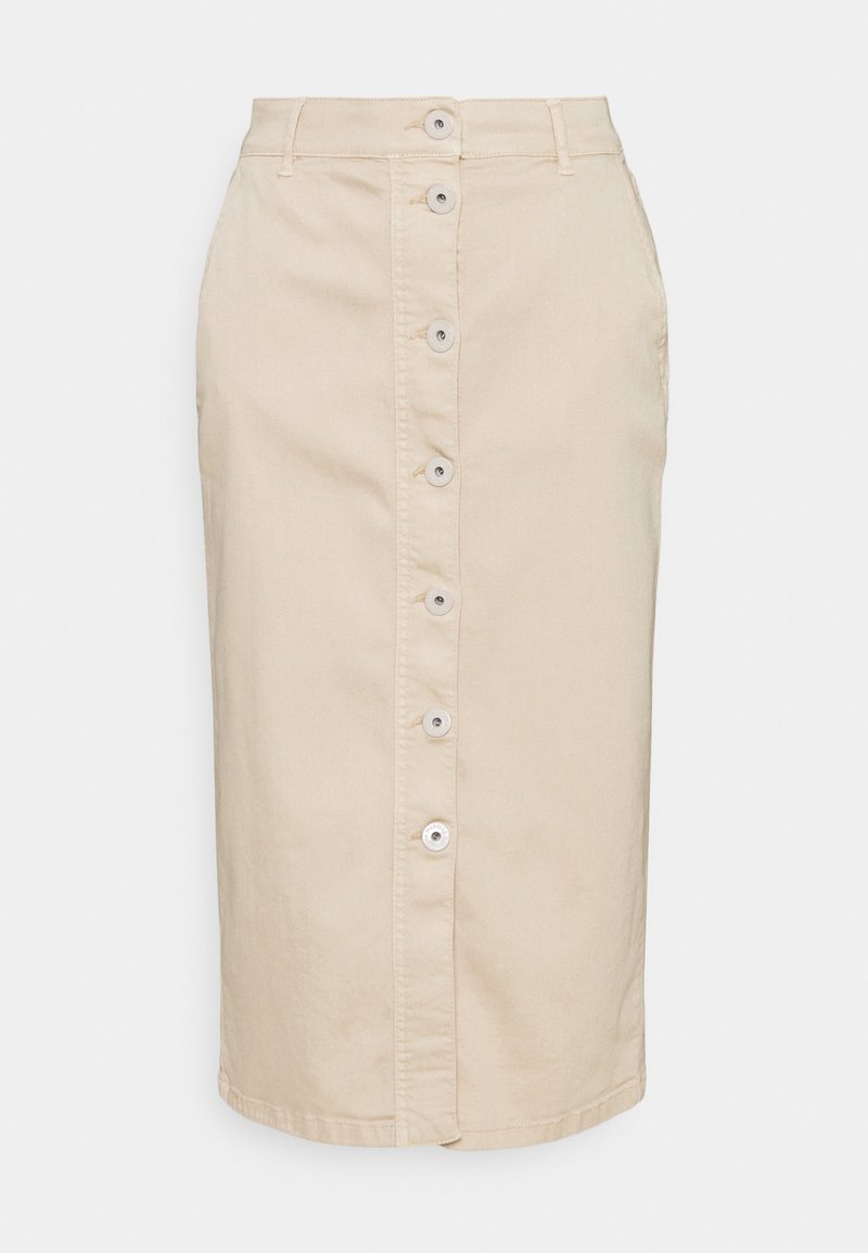 Jupe beige longueur genou avec fermeture boutonnée devant et passants pour ceinture, en tissu résistant.