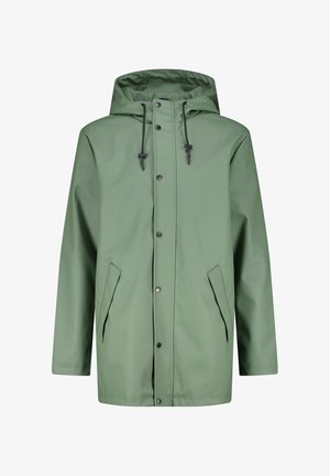 Wasserfeste grüne Regenjacke mit Kapuze, vorn mit Druckknöpfen und seitlichen Taschen. Verfügt über eine glatte Textur und verstellbare Kordeln.
