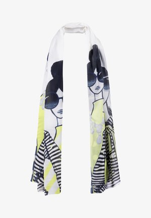 Foulard blanc avec des illustrations de femmes portant de grandes lunettes de soleil, des bijoux voyants et des vêtements rayés et jaunes.