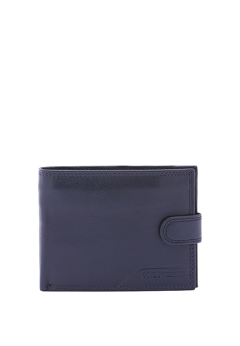 Portafoglio in pelle navy, design a due pieghe, con chiusura a scatto frontale, texture liscia e dettagli in rilievo discreti in un angolo.