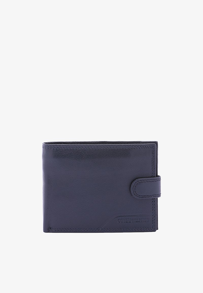 Portafoglio in pelle navy, design a due pieghe, con chiusura a scatto frontale, texture liscia e dettagli in rilievo discreti in un angolo.