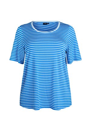 Camiseta de manga corta a rayas horizontales en azul y blanco con cuello redondo, mostrada sobre un fondo blanco.