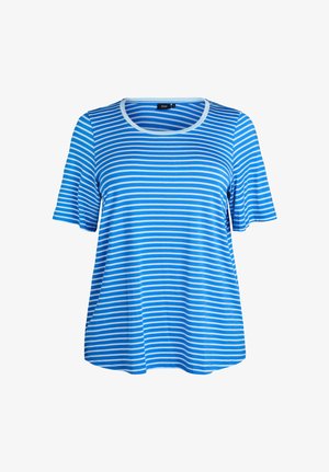Blauw en wit horizontaal gestreept T-shirt met korte mouwen en een ronde hals, weergegeven tegen een witte achtergrond.