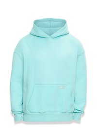 Hellblaues Hoodie aus weichem Stoff mit einer Kängurutasche, Zugkordelkapuze und gerippten Bündchen und Saum. Verfügt über ein kleines Etikett auf der Tasche.