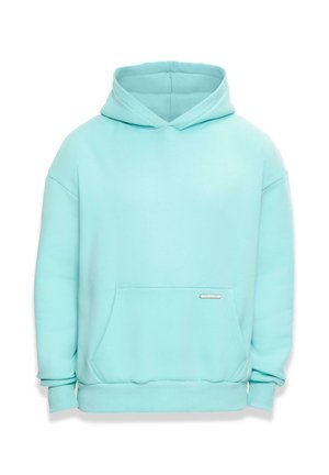 Light blue hoodie made of soft fabric with a kangaroo pocket, drawstring hood, and ribbed cuffs and hem. Features a small label on the pocket.