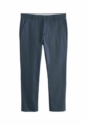 Dunkelblaue Slim-Fit-Hose mit Gürtelschlaufen, vorderer Knopf- und Reißverschluss sowie schrägen Seitentaschen, auf weißem Hintergrund dargestellt.