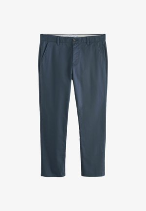 Dunkelblaue Slim-Fit-Hose mit Gürtelschlaufen, vorderer Knopf- und Reißverschluss sowie schrägen Seitentaschen, auf weißem Hintergrund dargestellt.