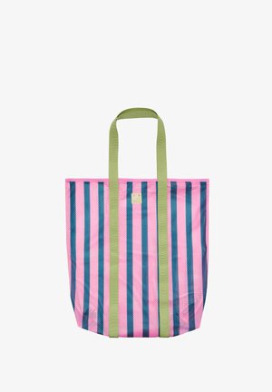 Roze en blauwe gestreepte draagtas van gaasstof met groene polyester hengsels. Kenmerkt zich door een rechthoekige vorm en versterkte afwerking.