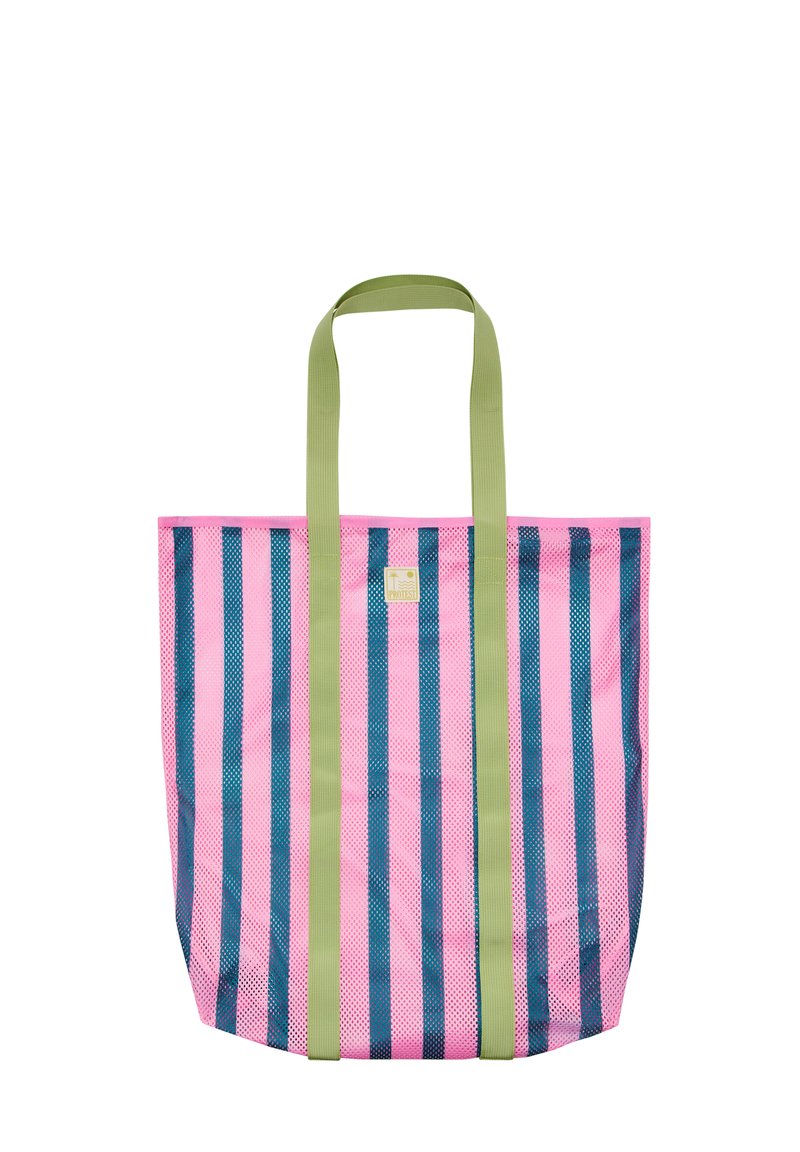 Roze en blauwe gestreepte draagtas van gaasstof met groene polyester hengsels. Kenmerkt zich door een rechthoekige vorm en versterkte afwerking.