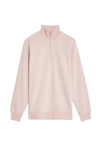 Lichtroze pullover met een hoge kraag en een halve rits. Gemaakt van zachte stof, met geribbelde manchetten en zoom. Eenvoudig ontwerp.