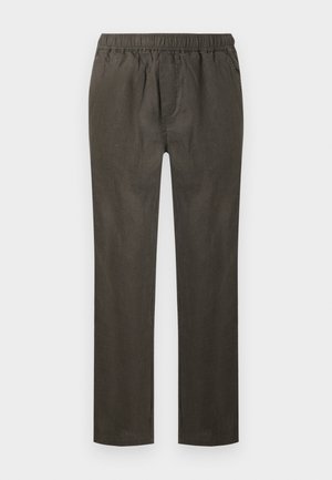 Pantalones de cintura elástica color oliva oscuro con piernas rectas y bolsillos laterales, mostrados extendidos sobre un fondo blanco.