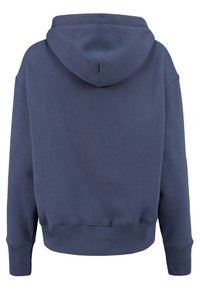 Marinblå hoodie med dragkedja på huvan, ribbade ärmslut och midja, med en mjuk struktur och avslappnad passform. Enkel bakvy.