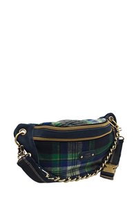 Sac bandoulière à carreaux avec des accents en suédine marine, quincaillerie dorée, deux compartiments zippés et une chaîne en bandoulière. Design compact et arrondi.