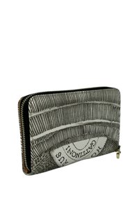 Portafoglio con zip in bianco e nero, dotato di pannello a righe testurizzato e design circolare stampato. Finiture in tono oro.