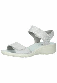 Grå sandaler med justerbare velcro-stropper, tekstureret overdel, polstret sål og en let hvid bund.