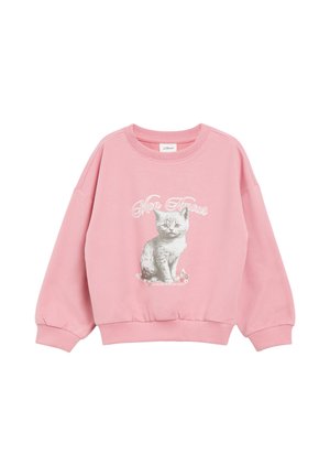 Rosa Sweatshirt mit langen Ärmeln, einer Kätzchen-Grafik, floralen Akzenten und den Worten "Mon Amour" und "Flowers make me happy" auf der Vorderseite.