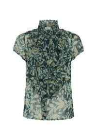Tee-lange, transparente Bluse mit kurzen Ärmeln, gerüschtem hohen Kragen, Knopfleiste und grünem Blattmuster mit beigen Akzenten.