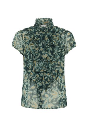 Tea-length sheer blouse with short sleeves, ruffled high neck, button-down front, and green leafy pattern with beige accents.