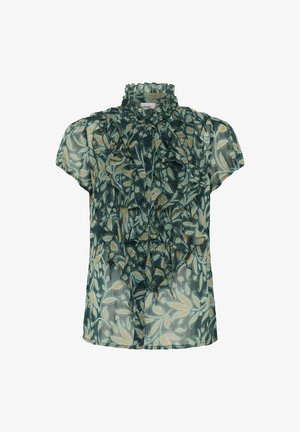 Blouse transparente longueur thé avec des manches courtes, col montant froncé, devant boutonné et motif feuillage vert avec des accents beige.