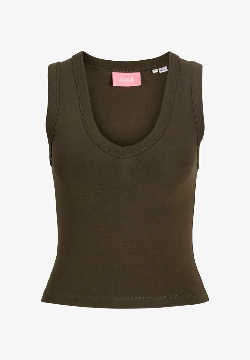 Αμάνικο, εφαρμοστό, σκούρο ελιάς πράσινο τοπ με στρογγυλή λαιμόκοψη και ροζ ετικέτα επωνυμίας στο εσωτερικό του γιακά.