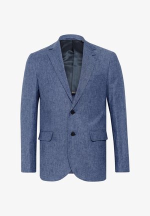 Modra jakna iz teksturirane tkanine, enojno zapenjanje z dvema gumboma in z izrezanimi reverji; ima sprednje žepke in gladko notranjo podlogo.