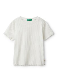 Bílý ribbed tričko s kulatým výstřihem a krátkými rukávy, se skládaným lemem. Vyrobeno z měkké, textured látky.