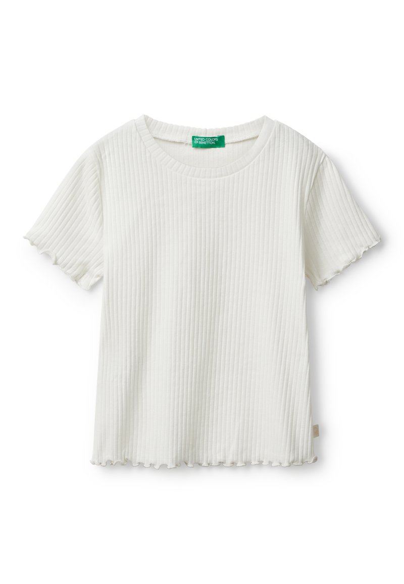 Bílý ribbed tričko s kulatým výstřihem a krátkými rukávy, se skládaným lemem. Vyrobeno z měkké, textured látky.
