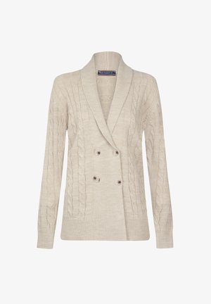 Beige gestrickte Strickjacke mit doppelter Knopfleiste, Kabelstrickmuster, Schalkragen und zwei großen Knöpfen auf der Vorderseite.