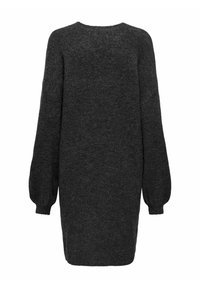 Robe pull surdimensionnée gris foncé avec de longues manches bouffantes. Présente un col rond et un matériau tricoté doux et texturé.