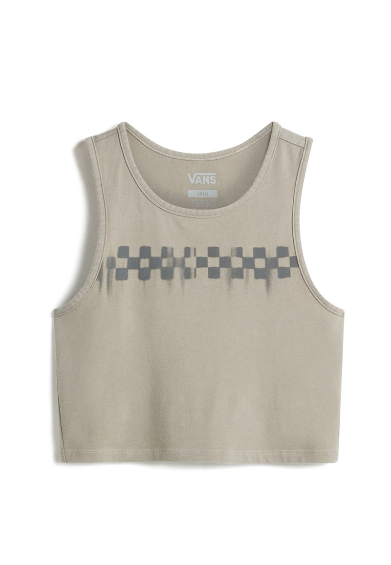 Cropped beige tank top with a rounded neckline featuring a gray checkerboard pattern across the chest. Made of soft cotton fabric.
